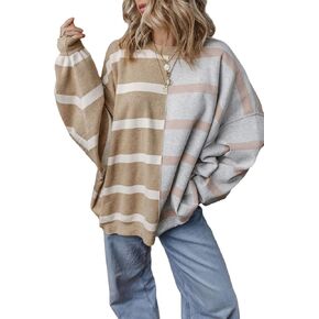 EVALESS Womens Striped Sweater Pullover Crew Neck Long Sleeve Cable Knitted Color Block Casual Loose Lightweight Sweaters