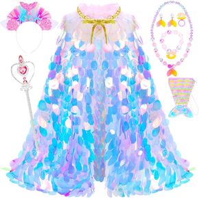 Princess Dress Up Toys Princess Dress Up Clothes Rainbow Mermaid Cape Kit 9 Pcs Gift Set for Little Girls 3-8 Years Old, Great Gift Set for Birthday Christmas Halloween