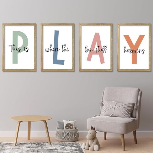 This Is Where The Fun Stuff Happens Kids Playroom Wall Art Decor 16x24 Inch Set Of 4 Rustic Kids Wood Framed Sign Toddler Modren Nursery Interesting Let's Play Prints Wall Hanging (White) in Kuwait