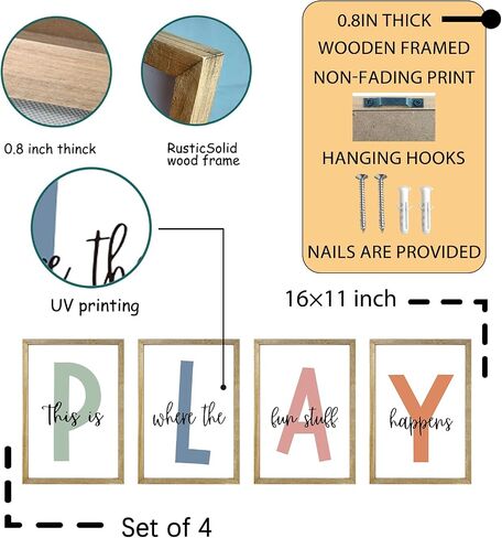 This Is Where The Fun Stuff Happens Kids Playroom Wall Art Decor 16x24 Inch Set Of 4 Rustic Kids Wood Framed Sign Toddler Modren Nursery Interesting Let's Play Prints Wall Hanging (White) in Kuwait