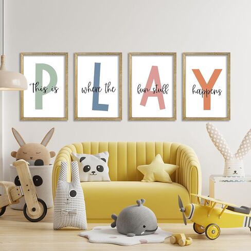 This Is Where The Fun Stuff Happens Kids Playroom Wall Art Decor 16x24 Inch Set Of 4 Rustic Kids Wood Framed Sign Toddler Modren Nursery Interesting Let's Play Prints Wall Hanging (White) in Kuwait