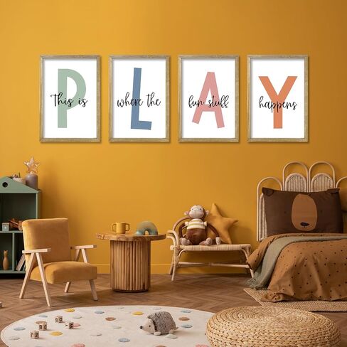 This Is Where The Fun Stuff Happens Kids Playroom Wall Art Decor 16x24 Inch Set Of 4 Rustic Kids Wood Framed Sign Toddler Modren Nursery Interesting Let's Play Prints Wall Hanging (White) in Kuwait