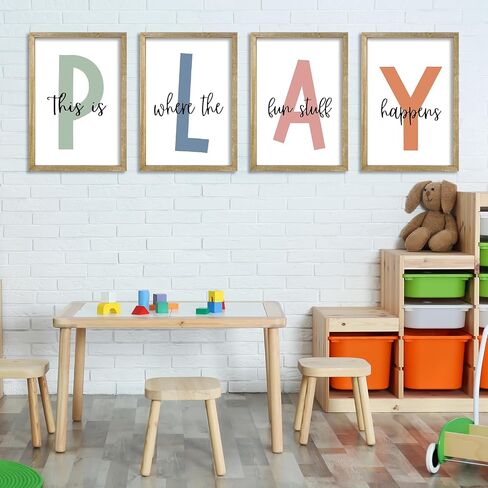 This Is Where The Fun Stuff Happens Kids Playroom Wall Art Decor 16x24 Inch Set Of 4 Rustic Kids Wood Framed Sign Toddler Modren Nursery Interesting Let's Play Prints Wall Hanging (White) in Kuwait