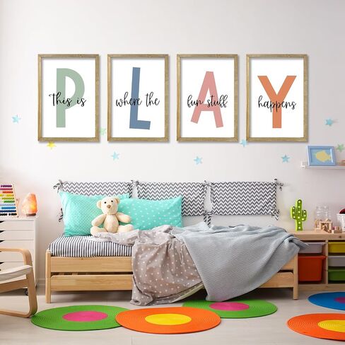 This Is Where The Fun Stuff Happens Kids Playroom Wall Art Decor 16x24 Inch Set Of 4 Rustic Kids Wood Framed Sign Toddler Modren Nursery Interesting Let's Play Prints Wall Hanging (White) in Kuwait