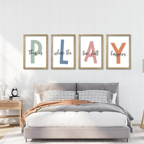 This Is Where The Fun Stuff Happens Kids Playroom Wall Art Decor 16x24 Inch Set Of 4 Rustic Kids Wood Framed Sign Toddler Modren Nursery Interesting Let's Play Prints Wall Hanging (White) in Kuwait