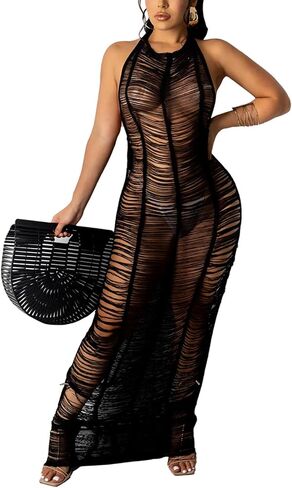 Women Sexy Halter Sleeveless Mesh See Through Crochet Maxi Long Dress Backless Knitted Beach Bikini Swimsuit Cover Ups in Saudi Arabia