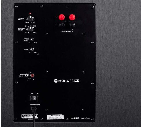 مضخم صوت Monoprice SW-12 بقوة 400 وات RMS (ذروة 600 وات) - 12 بوصة، تصميم مستورد، تحكم متغير في الطور، فلتر تمرير منخفض متغير، لأنظمة المسرح المنزلي in Saudi Arabia