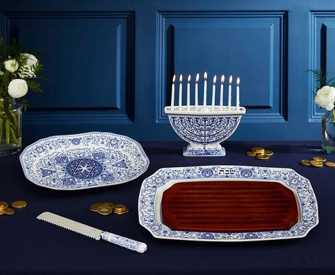 سبود يهودية مينوراه | 6 × 10 بوصة هانوكا مينورا | مصنوعة من البورسلين الفاخر | الشمعدان المزخرف للحانوكا | يحمل 9 شموع تقليدية in Kuwait