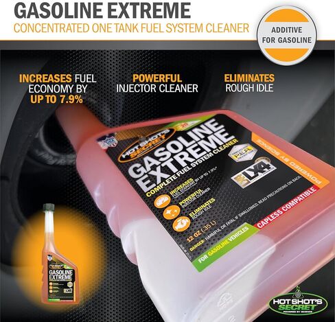 ‎Hot Shot's Secret Gasoline Extreme – Concentrated One Tank Cleaner – Synthetic Formula – Fuel System Cleaner – Lubricates Engine Components – Increases Fuel Economy, Orange, 12.00 Fl Oz (Pack of 1) in Saudi Arabia