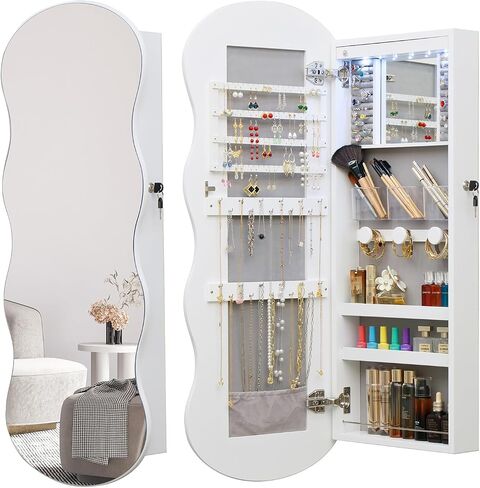 Mirror Jewelry Cabinet,LED Jewelry Armoire Organizer Wall or Door Mounted Wave Mirror with Storage Interior Make-up Touch Mirror With Magnetic Lock in Saudi Arabia