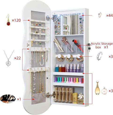 Mirror Jewelry Cabinet,LED Jewelry Armoire Organizer Wall or Door Mounted Wave Mirror with Storage Interior Make-up Touch Mirror With Magnetic Lock in Saudi Arabia