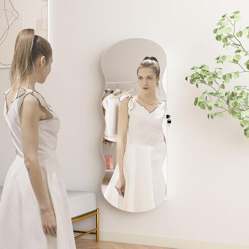 Mirror Jewelry Cabinet,LED Jewelry Armoire Organizer Wall or Door Mounted Wave Mirror with Storage Interior Make-up Touch Mirror With Magnetic Lock in Saudi Arabia