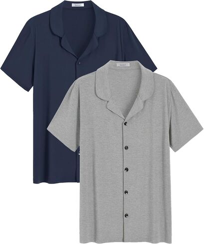 Latuza Men's Bamboo Viscose Button Down Pajama Shirt XL Navy Light Gray in Saudi Arabia