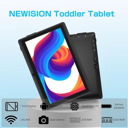 تابلت NEWISION Android للأطفال، 7 بوصات Android 11.0، ذاكرة وصول عشوائي 32 جيجابايت (قابلة للتوسيع 512 جيجابايت) معالج رباعي النواة، كاميرا مزدوجة، واي فاي، النوع C، تتضمن حافظة كمبيوتر لوحي (أزرق) in Kuwait