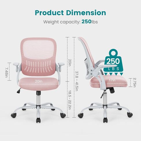 SMUG Office Computer Desk Chair, Ergonomic Mid-Back Mesh Rolling Work Swivel Task Chairs with Wheels, Comfortable Lumbar Support, Comfy Flip-up Arms for Home, Bedroom, Gaming, Study, Student, Pink in Saudi Arabia