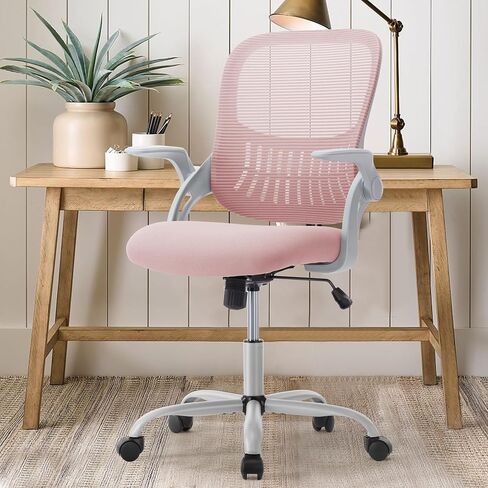 SMUG Office Computer Desk Chair, Ergonomic Mid-Back Mesh Rolling Work Swivel Task Chairs with Wheels, Comfortable Lumbar Support, Comfy Flip-up Arms for Home, Bedroom, Gaming, Study, Student, Pink in Saudi Arabia
