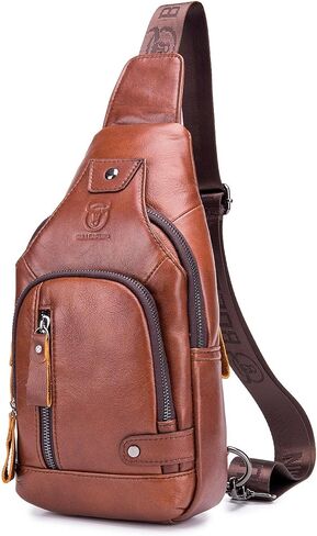 BULLCAPTAIN Leather Sling Bag Mens Chest Bag Casual Shoulder Crossbody Bags Travel Hiking Backpacks Daypack with USB Charging Port (Brown) in Kuwait