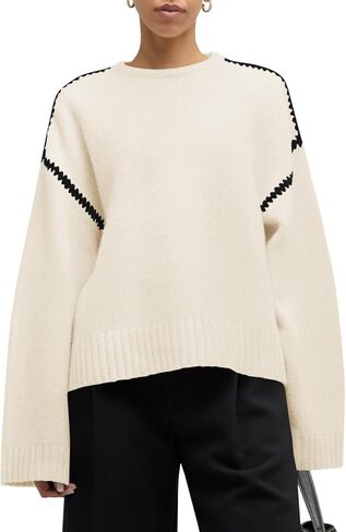 Saodimallsu Womens Sweaters Crewneck Long Sleeve Fall Chunky Knit Sweater Color Block Slouchy Loose Pullover Tops in Saudi Arabia
