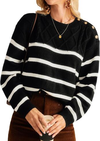 GRACE KARIN Women's 2024 Fall Winter Striped Sweater Oversized Crew Neck Cable Knit Sweater Button Shoulder Pullover Tops in Saudi Arabia