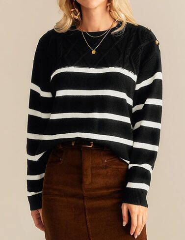 GRACE KARIN Women's 2024 Fall Winter Striped Sweater Oversized Crew Neck Cable Knit Sweater Button Shoulder Pullover Tops in Saudi Arabia