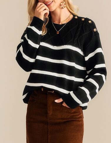 GRACE KARIN Women's 2024 Fall Winter Striped Sweater Oversized Crew Neck Cable Knit Sweater Button Shoulder Pullover Tops in Saudi Arabia