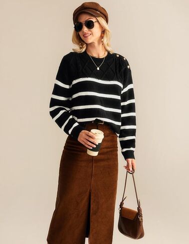 GRACE KARIN Women's 2024 Fall Winter Striped Sweater Oversized Crew Neck Cable Knit Sweater Button Shoulder Pullover Tops in Saudi Arabia