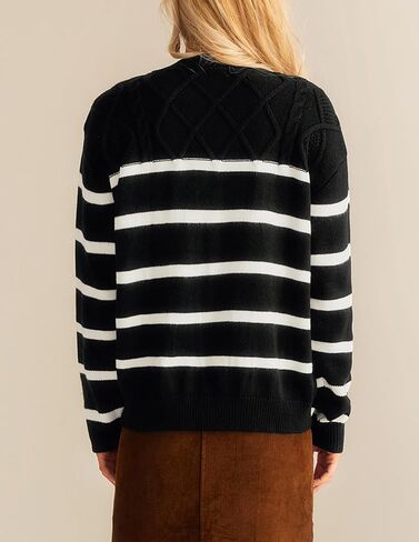 GRACE KARIN Women's 2024 Fall Winter Striped Sweater Oversized Crew Neck Cable Knit Sweater Button Shoulder Pullover Tops in Saudi Arabia