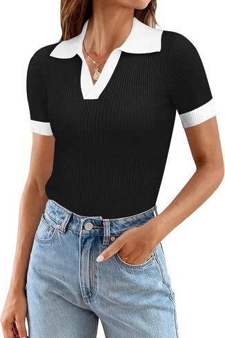 Ivicoer Womens 2024 Summer V Neck Short Sleeve T Shirts Slim Fitted Ribbed Knit Casual Tee Tops in Saudi Arabia