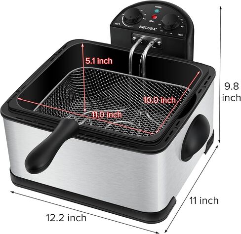 Secura 4 Liters / 17-Cup Stainless-Steel 1700-Watt Electric Deep Fryer with Timer Free Extra Odor Filter, Triple Basket, 4.5 Quarts, Silver in Kuwait