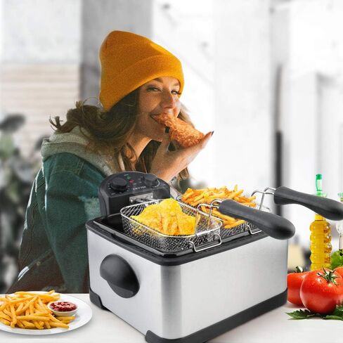 Secura 4 Liters / 17-Cup Stainless-Steel 1700-Watt Electric Deep Fryer with Timer Free Extra Odor Filter, Triple Basket, 4.5 Quarts, Silver in Kuwait