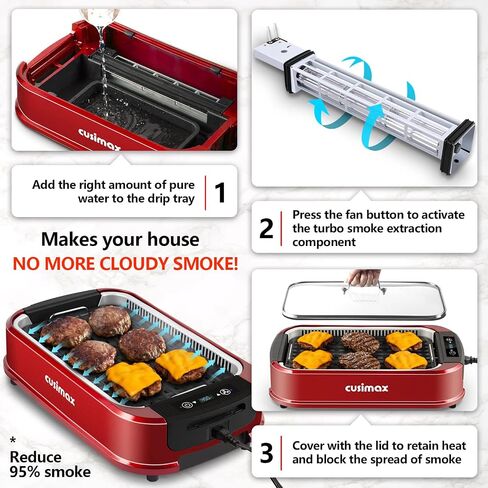 Smokeless Grill Indoor, CUSIMAX Electric Grill, 1500W Indoor Grill, Black | Portable Korean BBQ Grill with Smart LED Display & Tempered Glass Lid, Non-stick Removable Plate, Dishwasher Safe in Kuwait