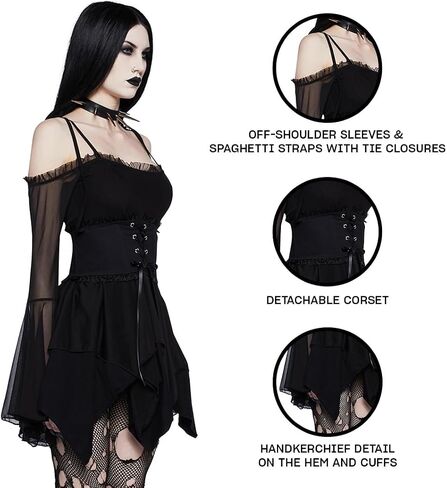 Dolls Kill So Bewitching Corset Handkerchief Dress by Widow - Off-Shoulder Cotton and Mesh Dress with Detachable Corset in Saudi Arabia