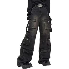 Baggy Cargo Pants for Men Women Wide Leg Jeans Y2k Hip Hop High Waisted Pants Casual Streetwear Grunge Clothes Black