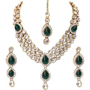 Aheli Wedding Wear Indian Kundan Maang Tikka Earrings Necklace Set Bollywood Ethnic Traditional Jewelry for Women (Rani Pink)