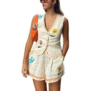 THLAI Women Linen Two Piece Outfits Suits Summer Short Sets Sleeveless Vest Top and Shorts Sets Sexy Vacation outfits