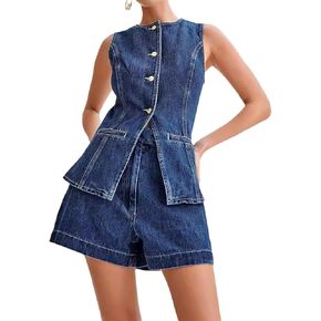 NIFTRIRY Two Piece Sets for Women Summer Vest Sets Women 2 Piece Outfits Denim Outfit for Women Suiting