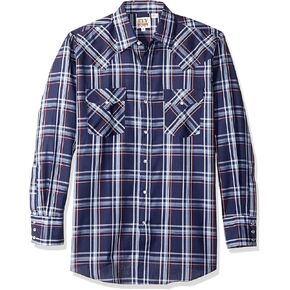 Ely Cattleman Men's Long Sleeve Plaid Western Shirt, Navy, Large Tall