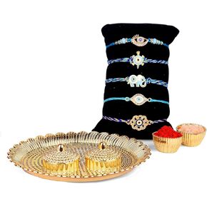 SATVIK 5 Pc Evil Eye Rakhi for Brother Bhaiya Bhabhi Traditional Handmade Quality Assorted Designer Rakhi Set Roli Chawal, Greeting Card & Soun Stickers Rakhi Thread Rakhdi Bracelets Rakshabandhan