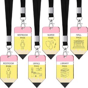 6 Sets Acrylic Hall Pass Lanyards Unbreakable School Passes Set for Teachers Cute Classroom Passes for Bathroom, Library, Office and Nurse Classroom School Supplies Gifts