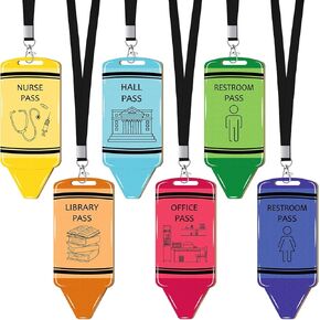 Sabary 6 Sets Hall Pass Lanyards and School Passes Set Unbreakable Wooden Bathroom Passes for Classrooms Hall, Restroom, Library, Office and Nurse School Teacher Supplies Gift (Crayon)