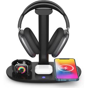 Headphone Stand with 4 in 1 Wireless Charger -Headset Holder & Station Dock for Apple Watch, AirPods Max/Pro/2/ iPhone 13/12/11, LG, Samsung Galaxy, Huawei Phone, and All Headphones Size (White)