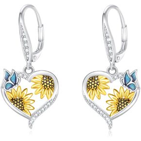 أقراط على شكل قلب عباد الشمس S925 من الفضة الإسترليني أقراط عباد الشمس على شكل قلب أقراط متدلية على شكل عباد الشمس مجوهرات عباد الشمس لعيد الأم وعيد الميلاد in Kuwait