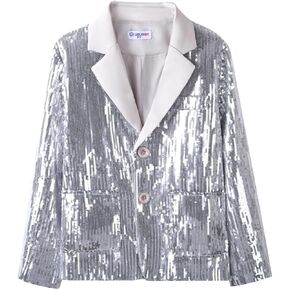 WELAKEN Girls Sequin Blazers Jacket Long Sleeve Notched Lapel Button Down Suit Coat with Pockets