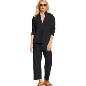 Ainangua Casual 2 Piece Sets for Women V Neck Long Sleeve Tops Wide Leg Pants Workout Outfits Fashion Carmel Travel Set