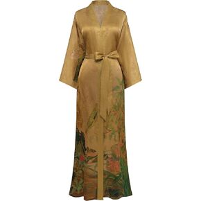 PRODESIGN Long Kimono Robe Satin Sleepwear Blouse Silky Bathrobe Nightgown Floral Crane Kimono Cardigan Cover Up