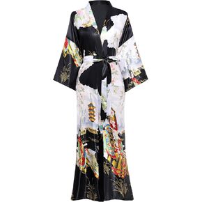 PRODESIGN Long Kimono Robe Satin Sleepwear Blouse Silky Bathrobe Nightgown Floral Crane Kimono Cardigan Cover Up