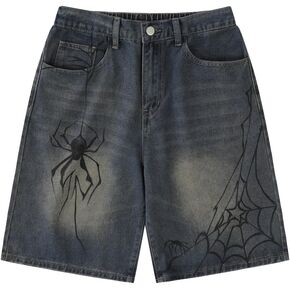 Y2K Jean Jorts Spider Baggy Casual Loose Straight Wide Leg Shorts Adjustable Grunge Harajuku Streetwear