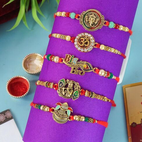 TIED RIBBONS Rakhi for Brother (Set of 5) | Rakhi Set | Rakhi for Bhaiya | Mini Card | Roli Tikka - Raksha Bandhan Rakhi Bracelet for Brother | Bhai Rakhi Set for Brother | Rakhi Thread in Saudi Arabia