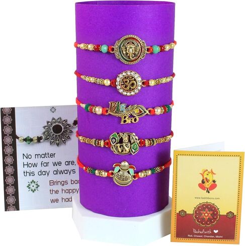 TIED RIBBONS Rakhi for Brother (Set of 5) | Rakhi Set | Rakhi for Bhaiya | Mini Card | Roli Tikka - Raksha Bandhan Rakhi Bracelet for Brother | Bhai Rakhi Set for Brother | Rakhi Thread in Saudi Arabia