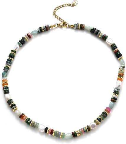 Beaded Gemstone Necklace for Women, Colorful Boho Bead Choker Necklace Natural Stone Freshwater Pearl Surfer Beach Necklace 14K Gold Plated Summer Handmade Jewelry Gifts in Saudi Arabia